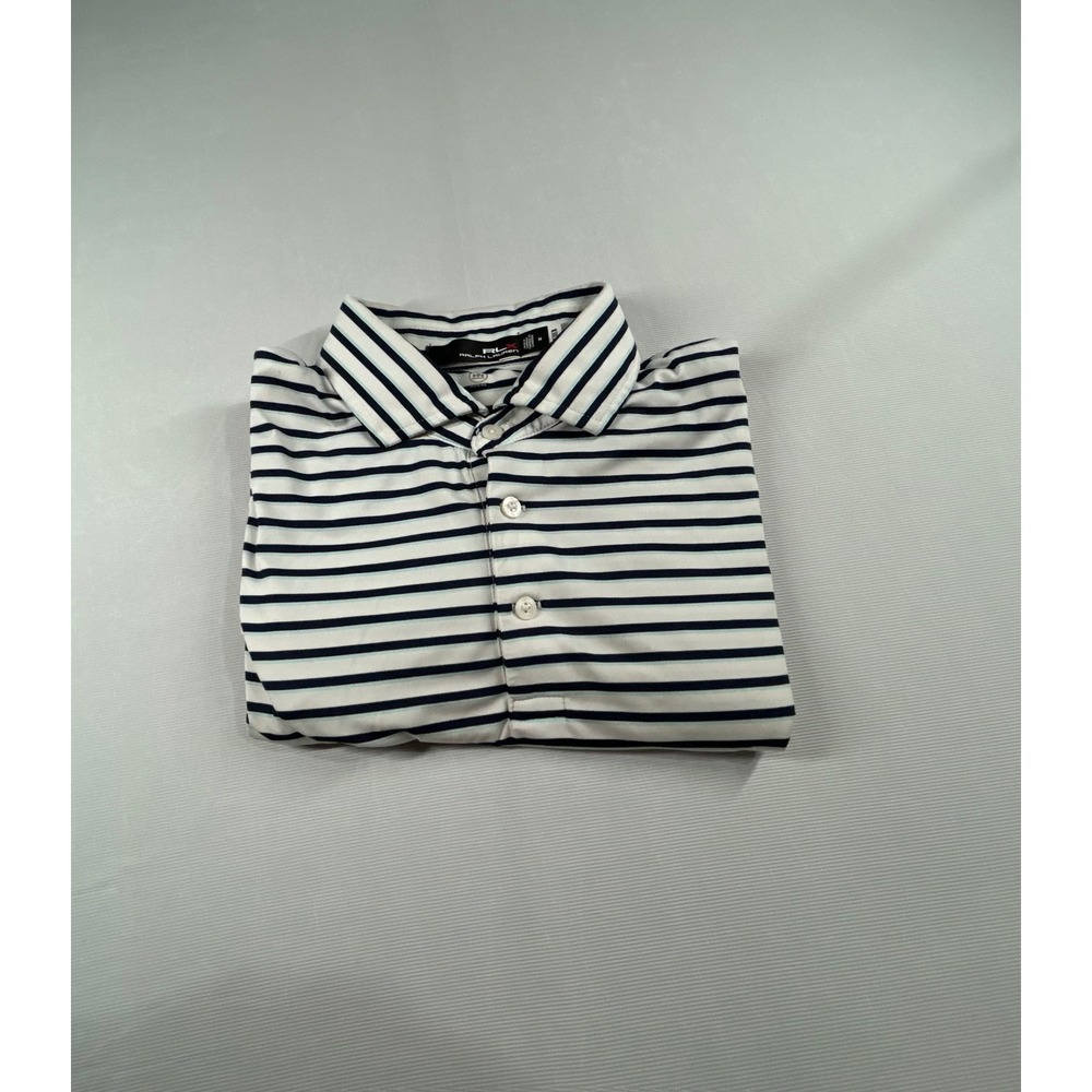 RLX Ralph Lauren Mens Striped Golf Polo Shirt White Blue Wicking Size M